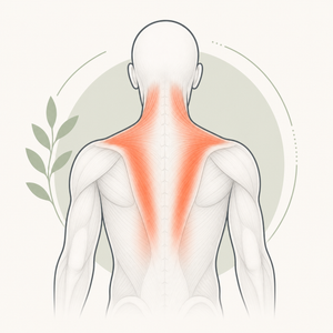 Anatomische Illustration mit hervorgehobenen muskulären Spannungen im Rücken